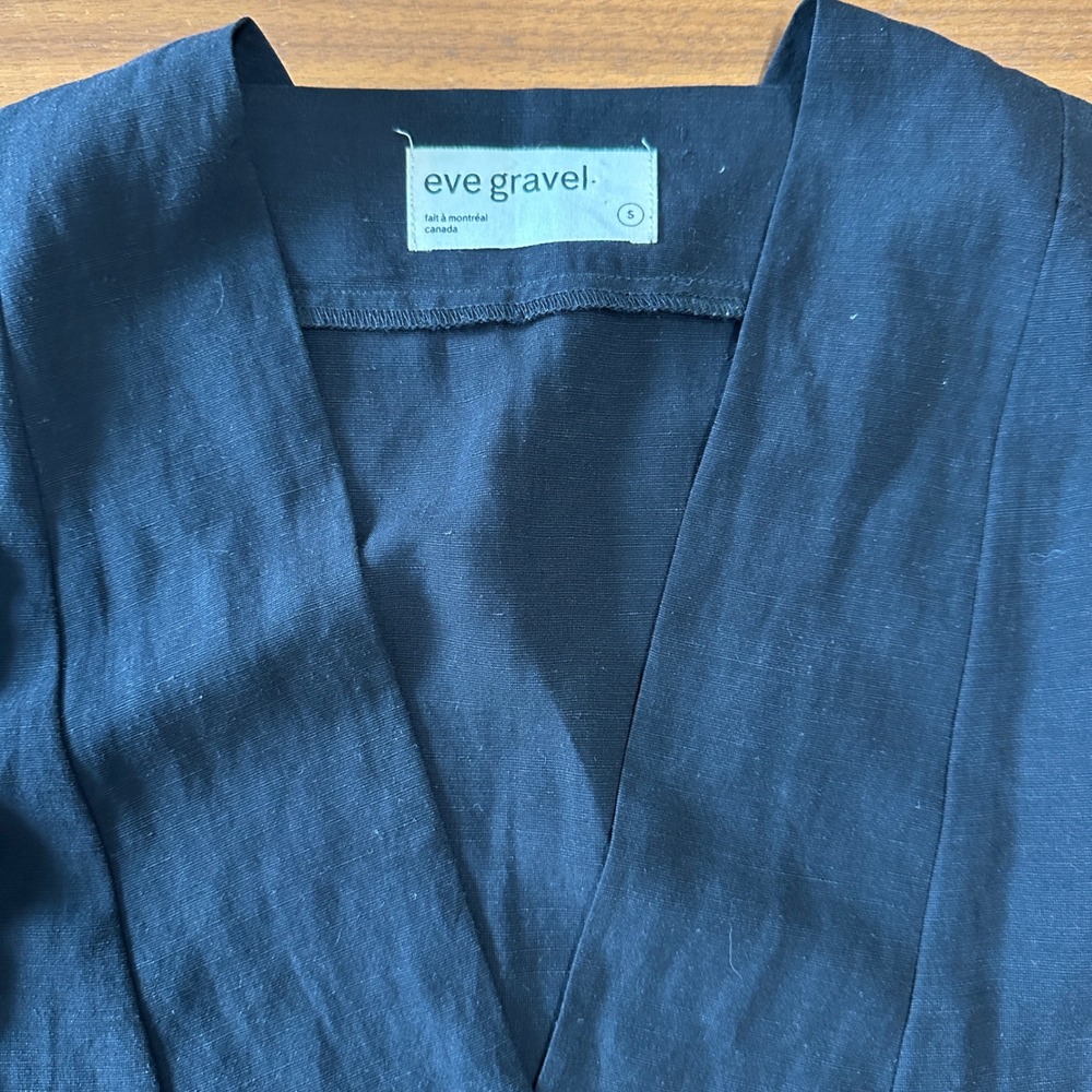 Eve Gravel Byblos Shift Dress Black Linen Blend Small V-Neck Pockets Minimalist - Picture 5 of 13